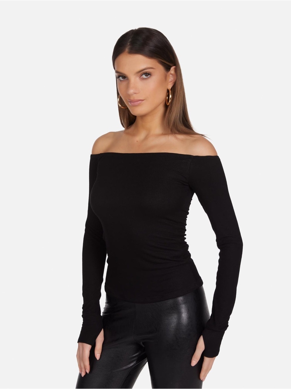 Michael Lauren Laney Off the Shoulder Black Ribbed Top Small Ribbed Stretchy - Picture 3 of 12